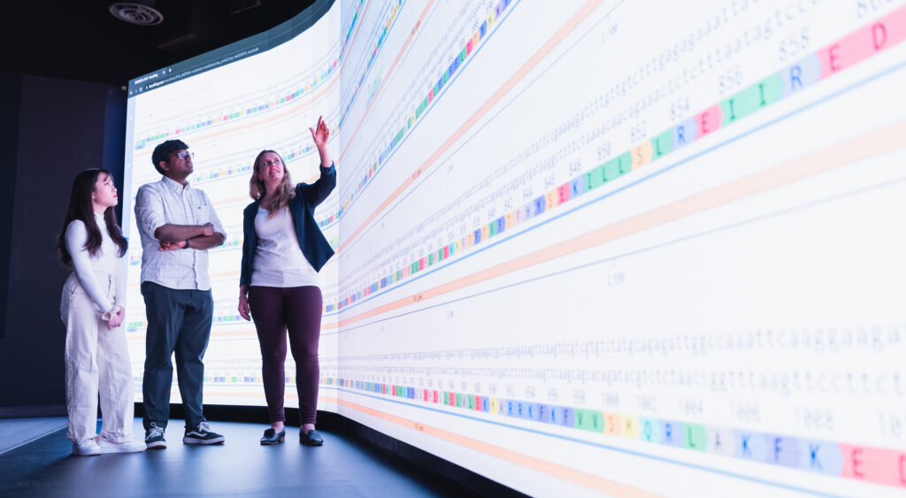 three people standing in front of a very large screen